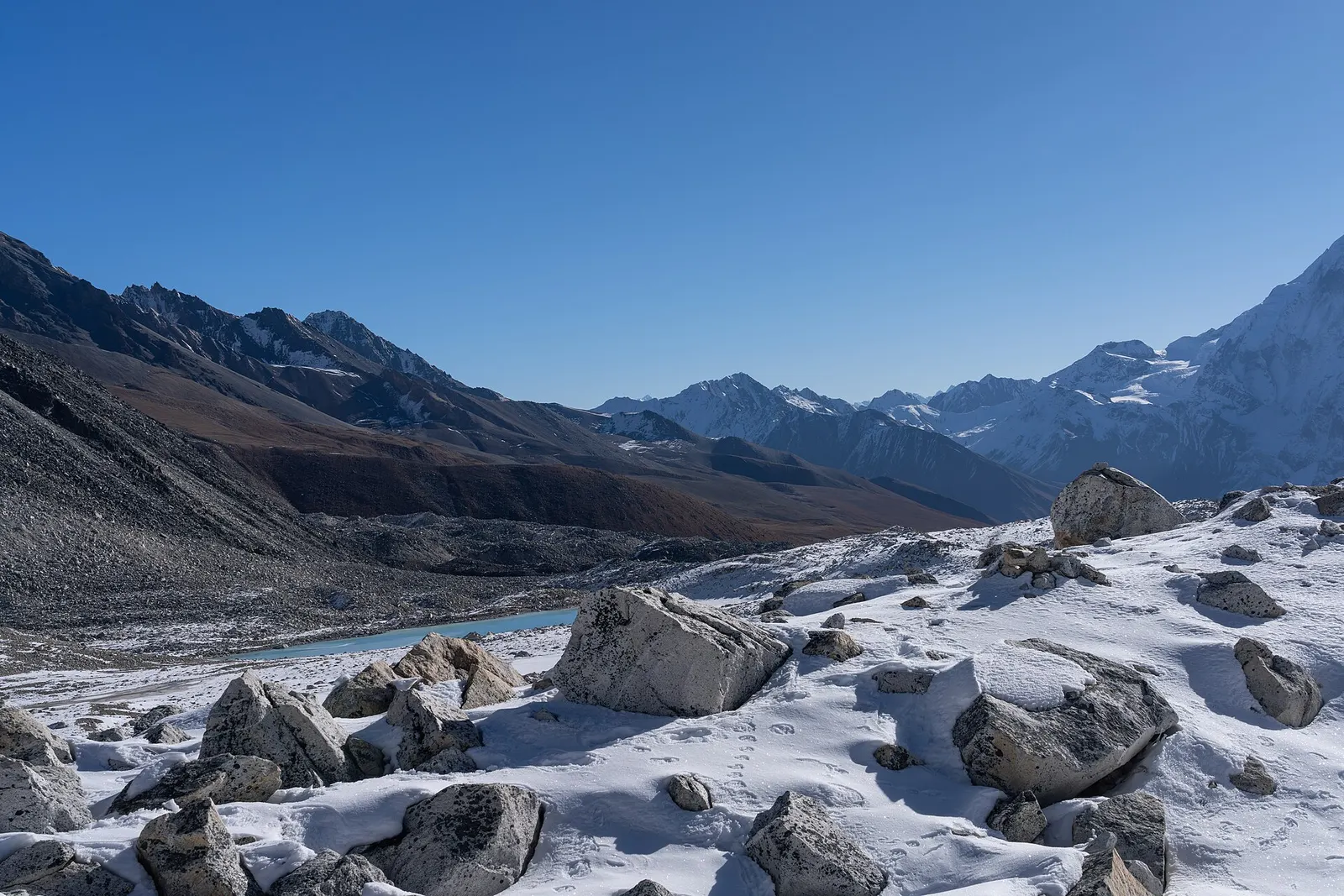 Snow-dusted moraine boulders near the Larkya La with a long line of peaks on the skyline.