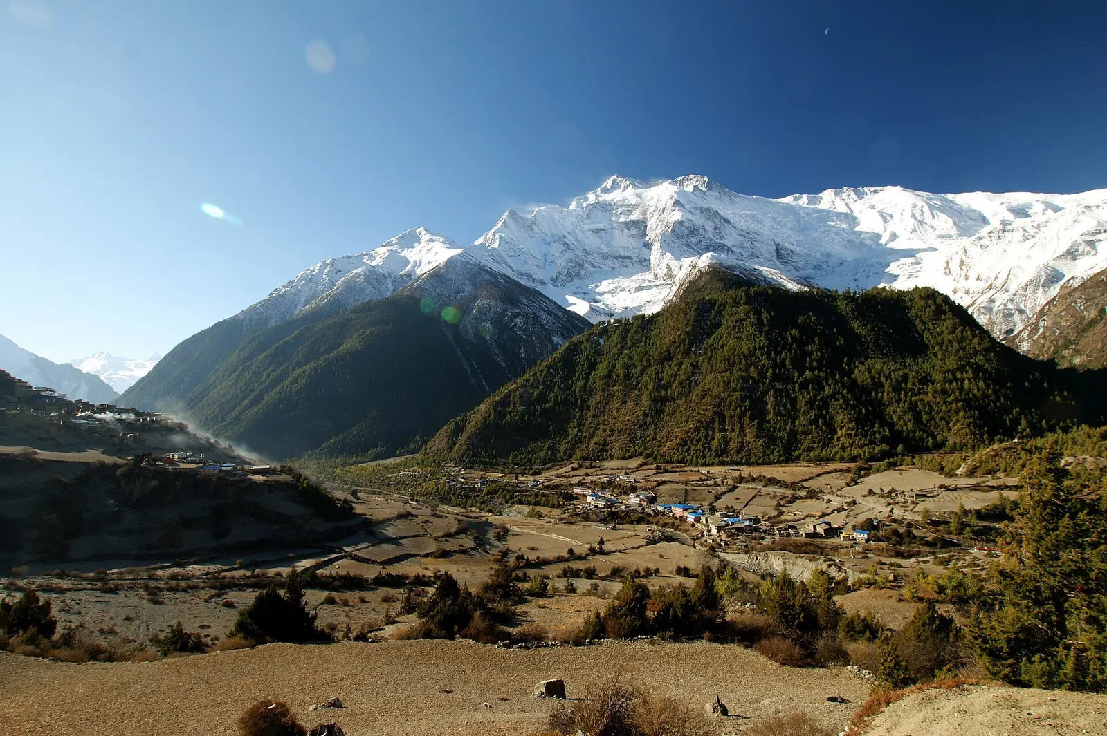The upper Marsyangdi valley at Pisang, with village houses on the valley floor and the snow-covered Annapurna II massif behind.