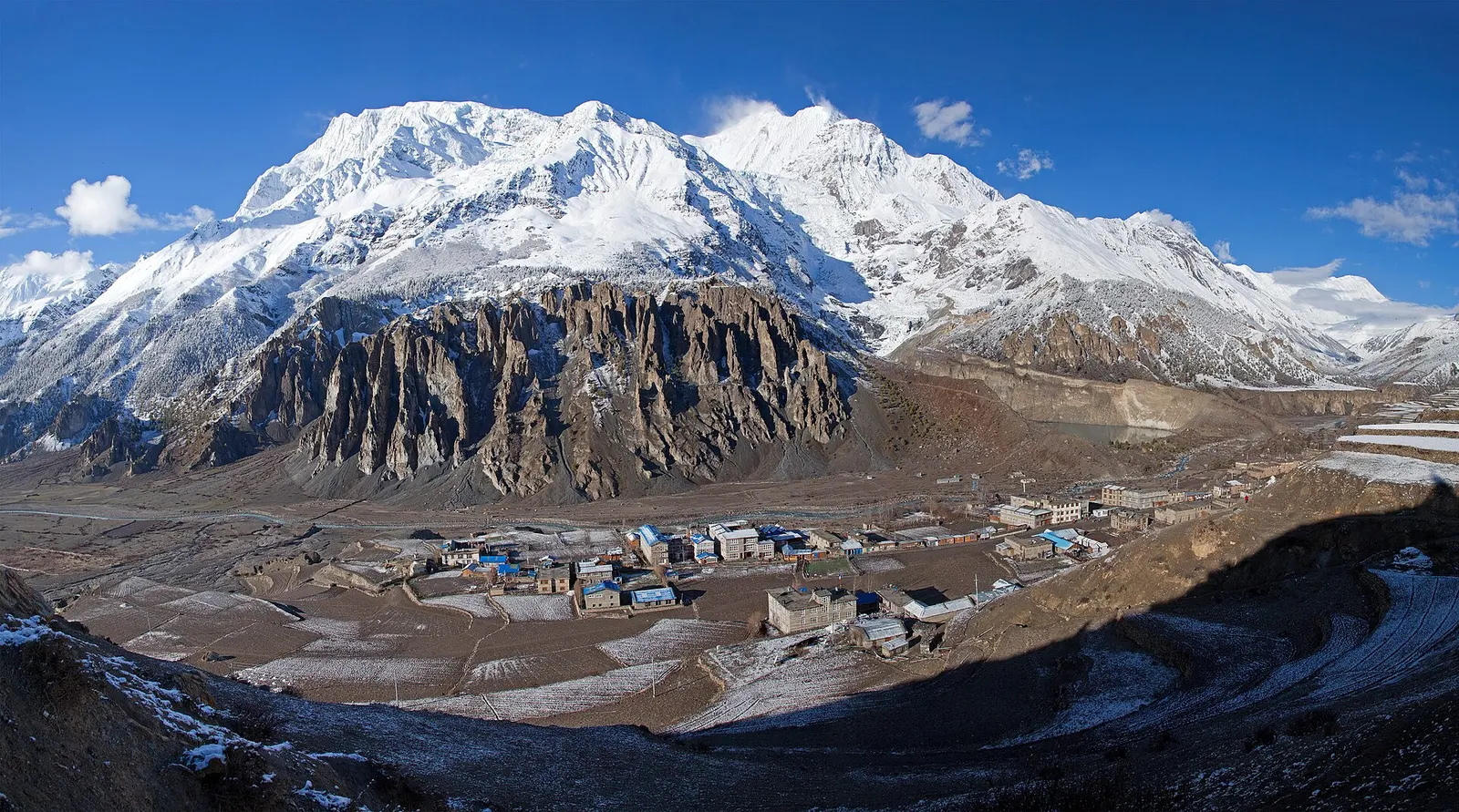 Manang village on a wide valley floor beneath the snow-covered Gangapurna and Annapurna III massif