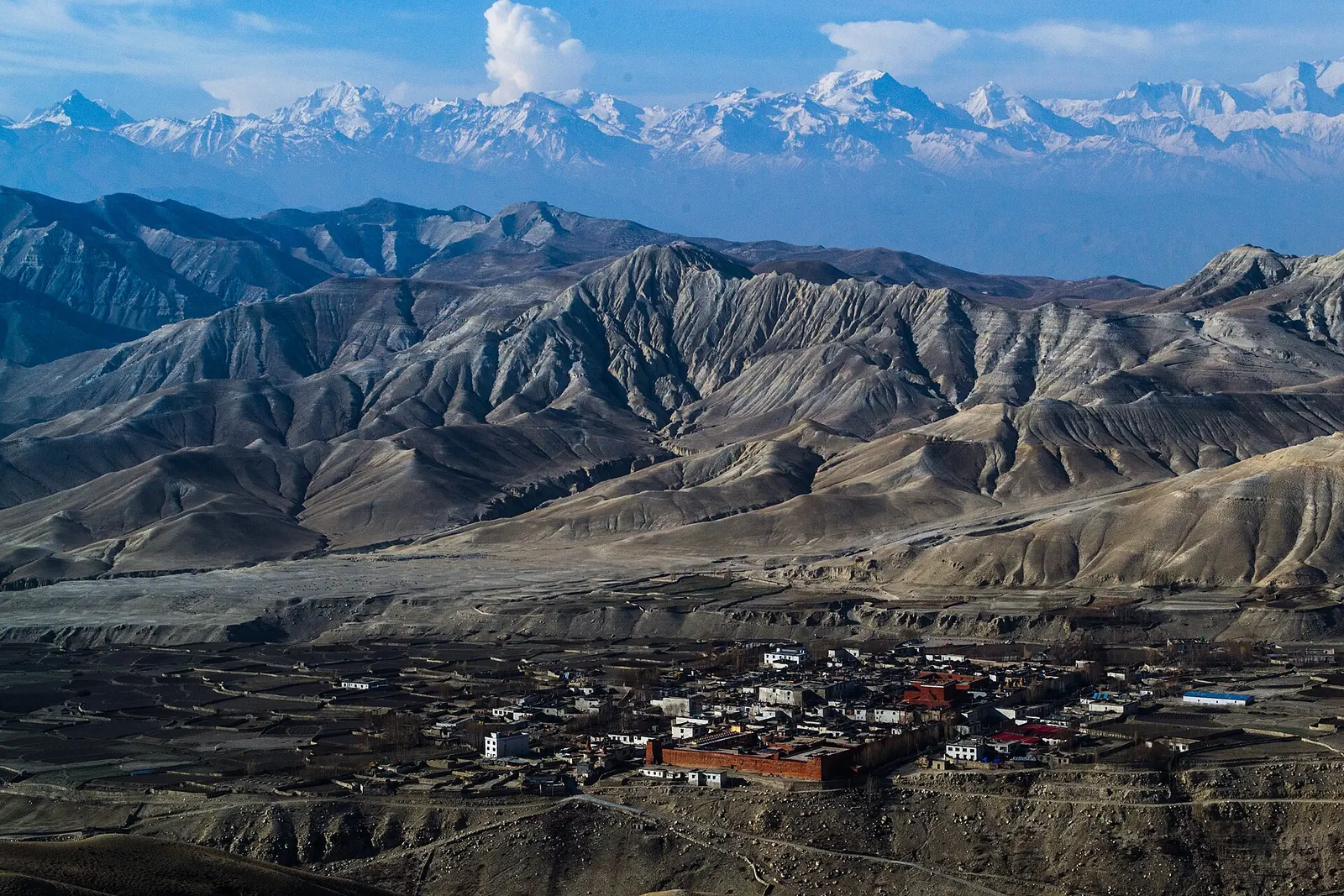 The walled city of Lo Manthang on a dry plain, surrounded by layers of barren eroded hills with snow peaks in the distance