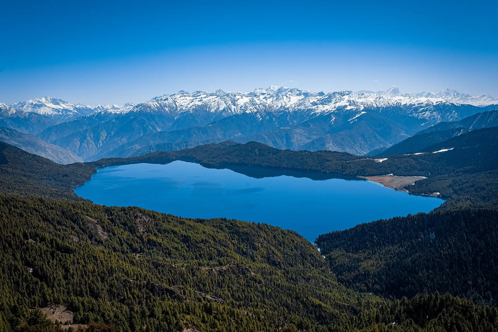 Deep-blue Rara Lake ringed by pine-forested hills, with the snowy Kanjirowa range beyond
