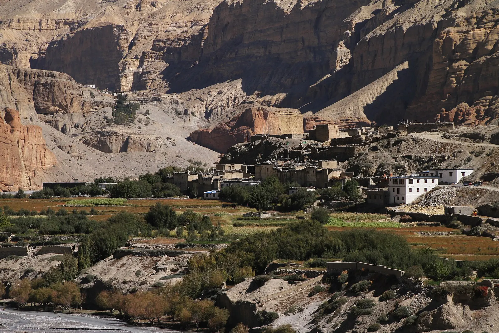 Houses and fields of Chhusang village below red and grey cliffs in Upper Mustang.