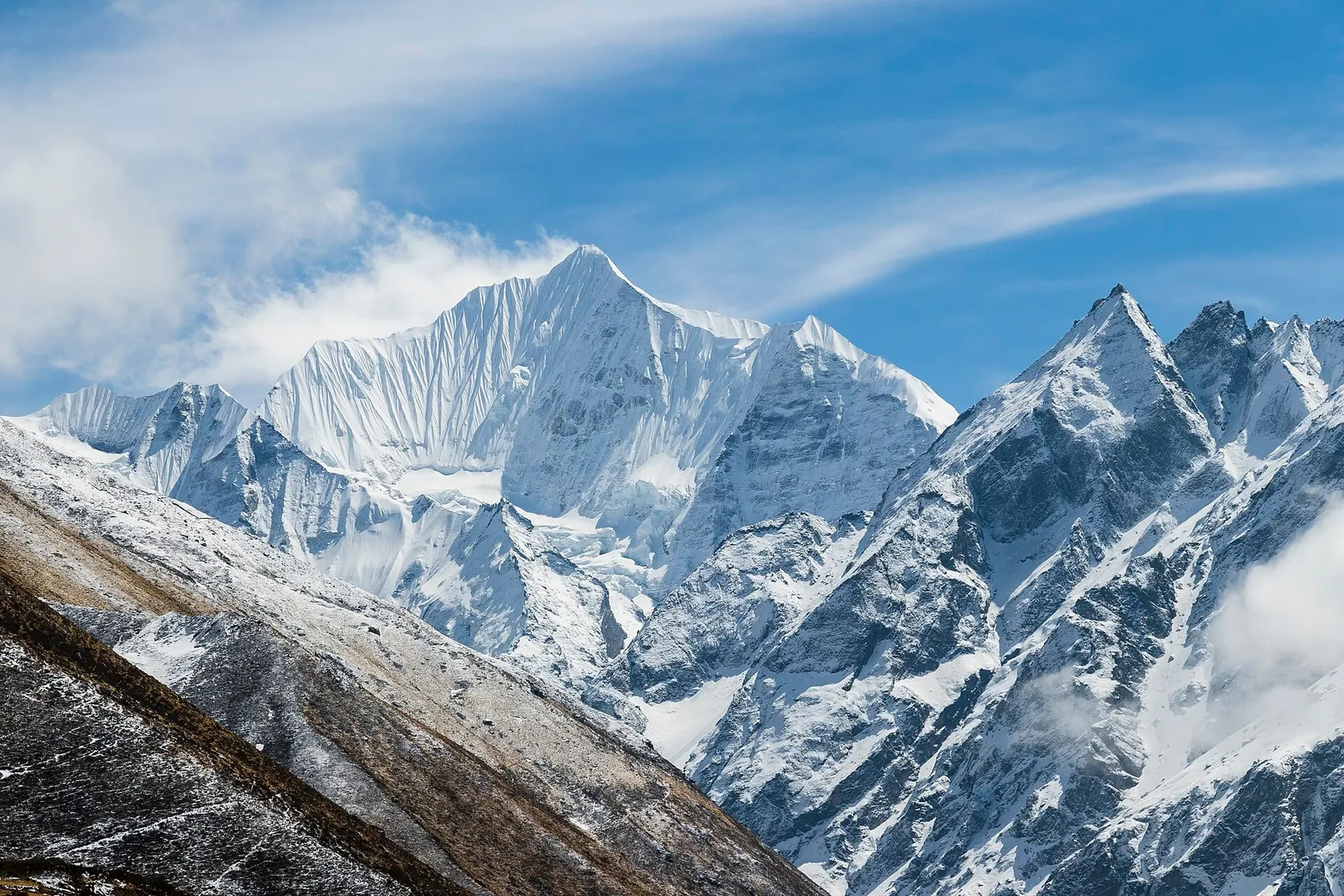 The pointed snow peak of Gangchempo seen from Kyanjin Gompa.