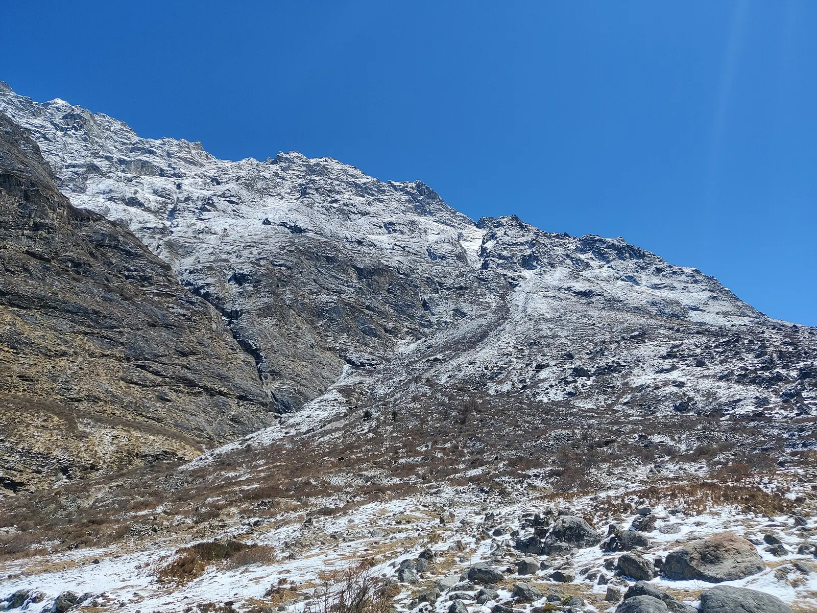 Snow-capped mountains above the Langtang Valley trail.