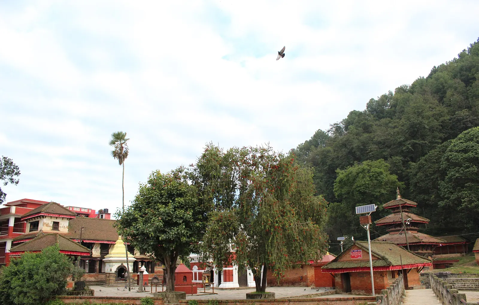 Triveni Ghat at the confluence of rivers in Panauti, with temples on the bank.