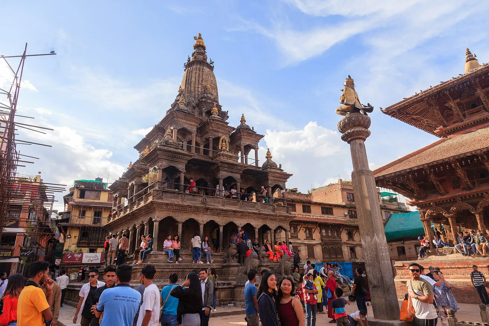 The stone Krishna Mandir with its tiered pavilions in Patan Durbar Square, Lalitpur.