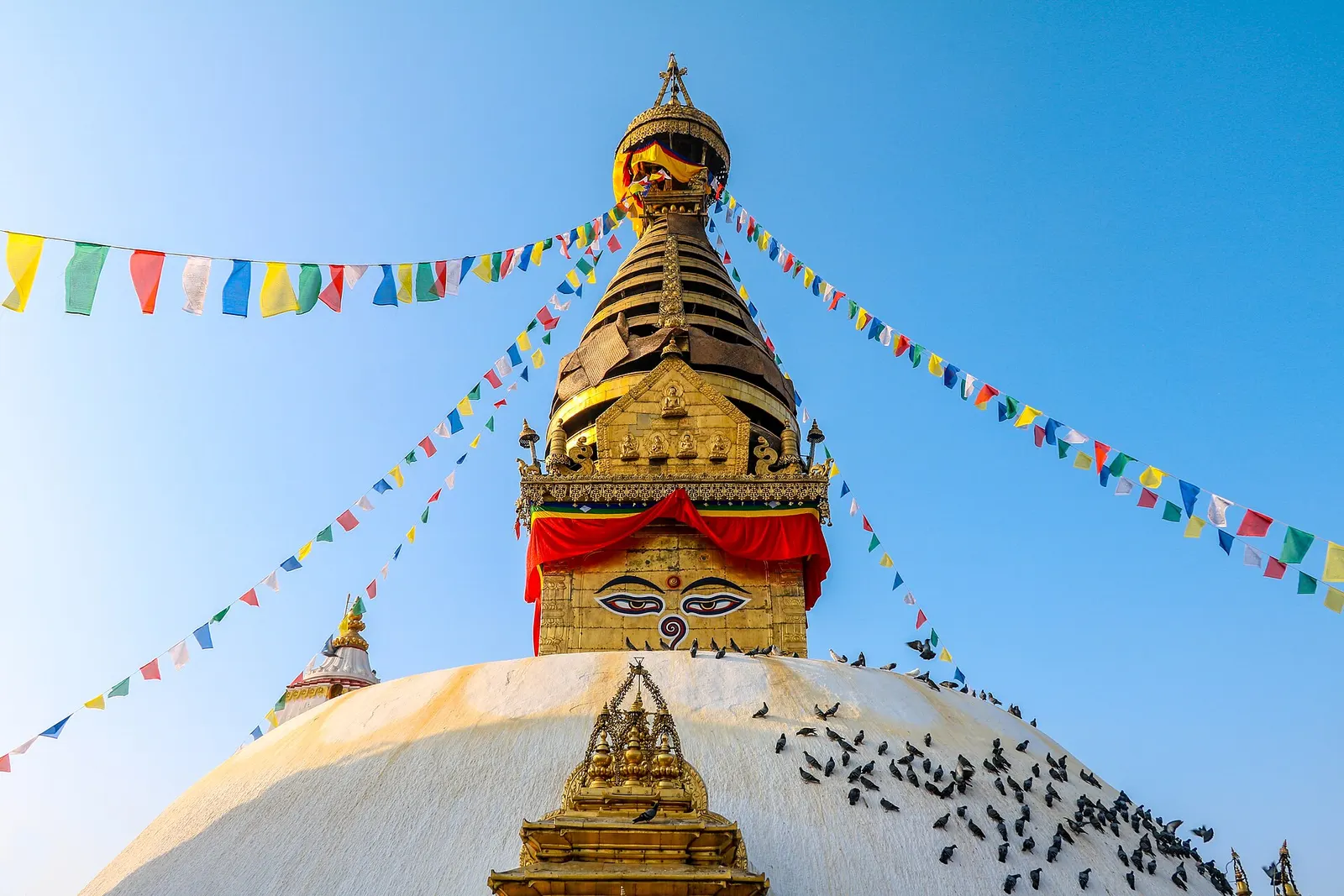 Swayambhunath stupa and surrounding shrines on the hill west of central Kathmandu.