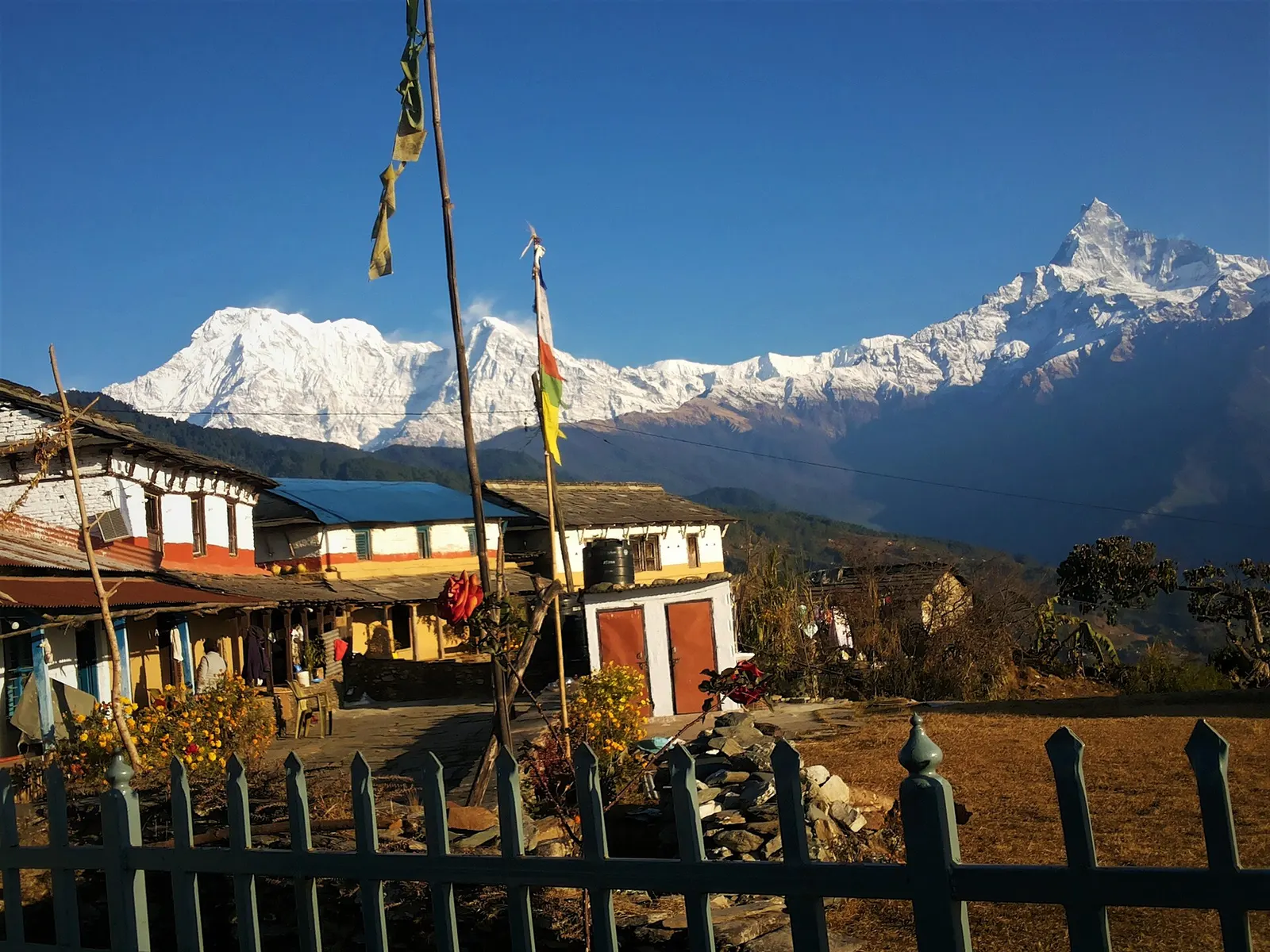 Lodges and prayer flags at Australian Camp with Annapurna South and Machhapuchhre behind.