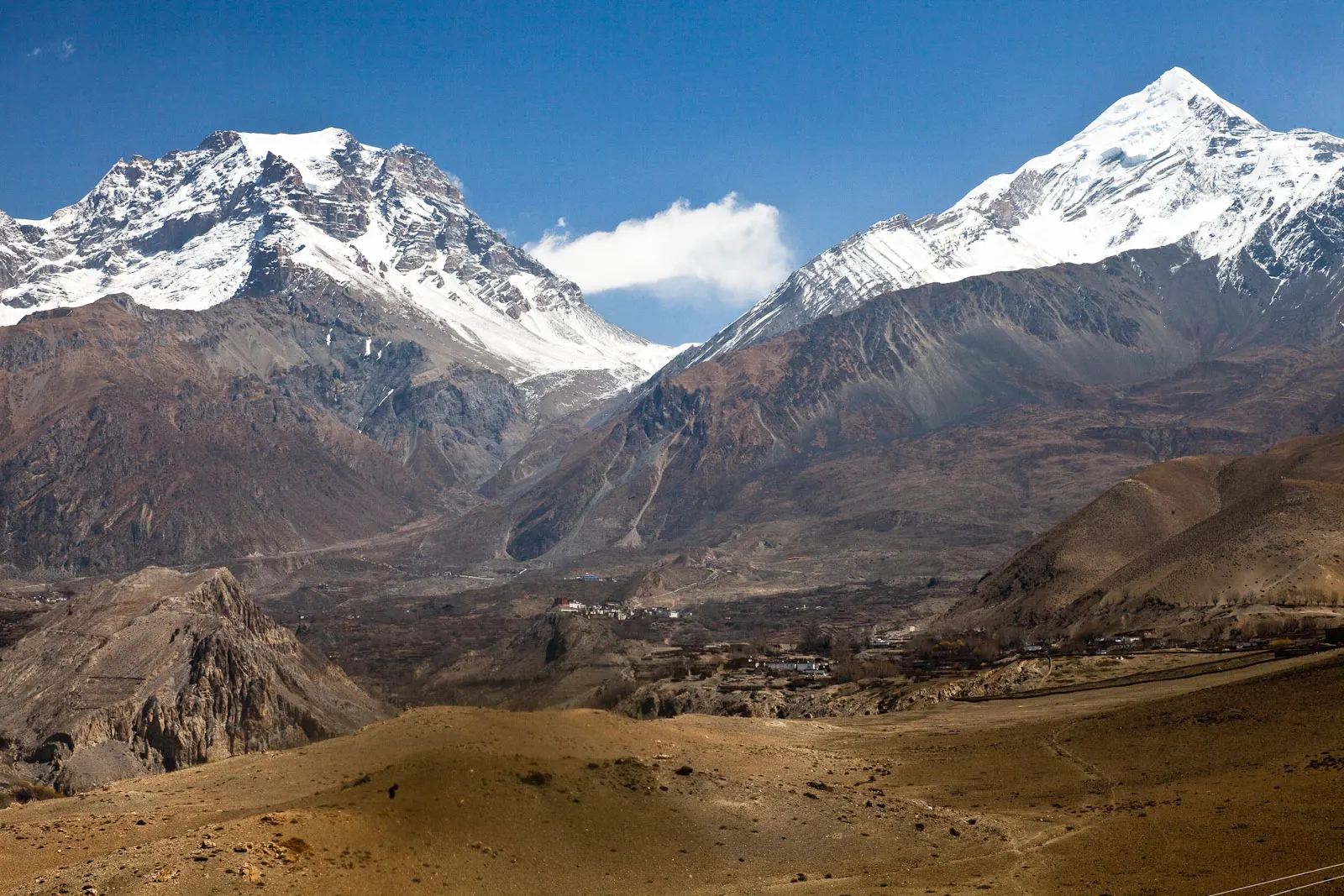 Dry Jhong Khola valley in Mustang climbing towards the villages of Jharkot and Muktinath, with the Thorong La area on the skyline.