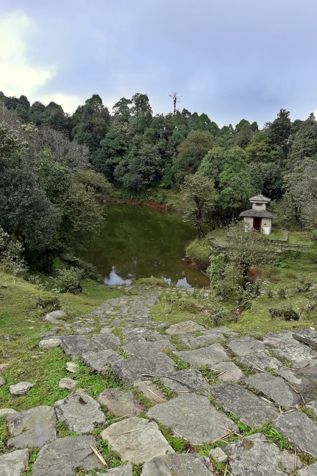 The small Panchase temple beside the Panchase pond on the forested hilltop.