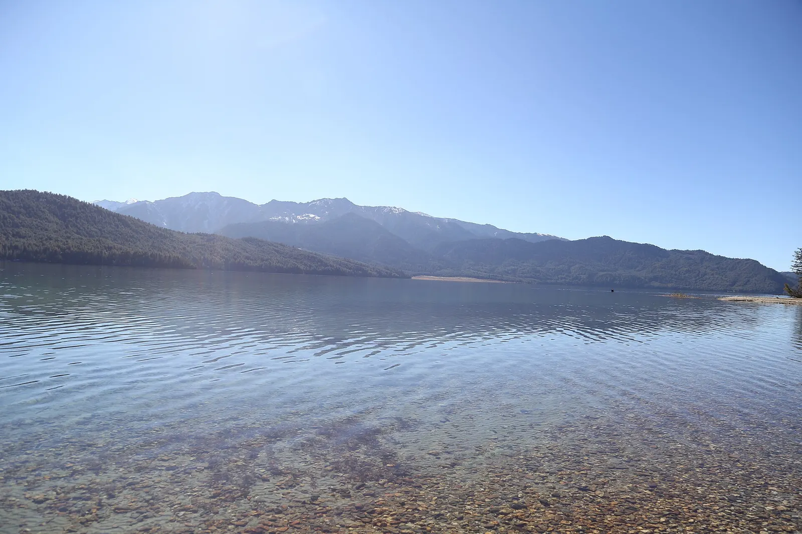 Clear water over pebbles at the edge of Rara Lake, with forested hills and snow-streaked peaks beyond.