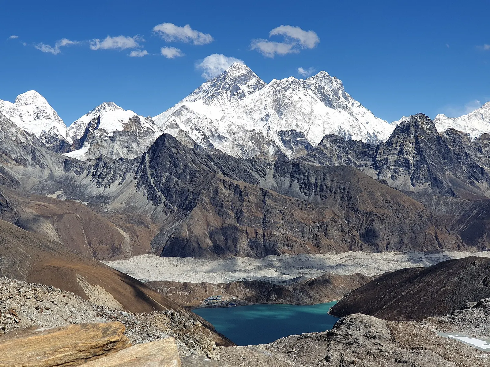 View from the Renjo La pass over Gokyo Lake towards Everest and the surrounding snow peaks.