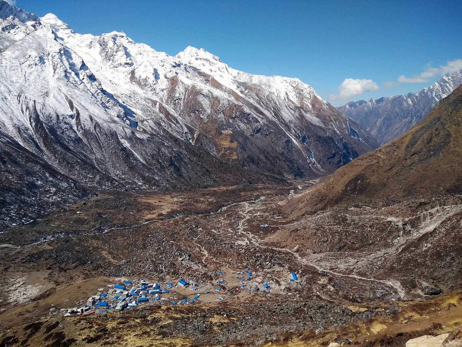 Kyanjin Gompa's blue-roofed buildings on the wide valley floor, seen from Kyanjin Ri beneath snowy Langtang peaks